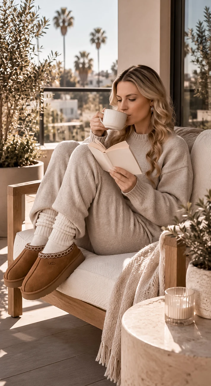 Ella enjoying a cozy coffee and reading moment in the sunshine